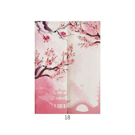 Japanese style noren door curtain with two red and blue Ukiyo-e koi fish on a cream wave pattern background. - Image 19