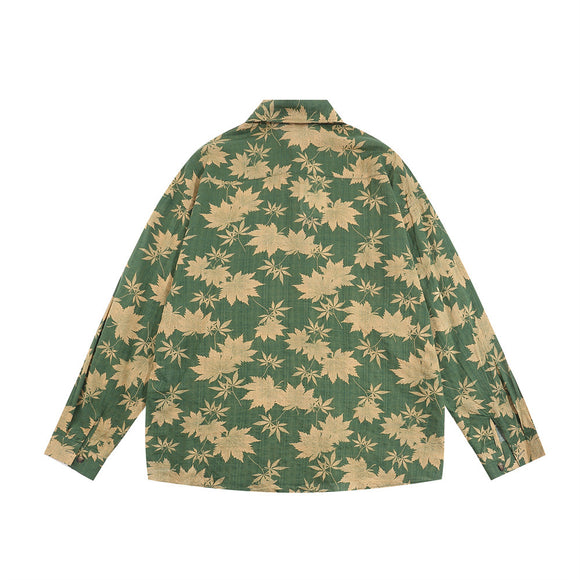 Camisa Masculina Manga Longa Estampada Folha de Bordo Estilo Japonês Primavera Outono