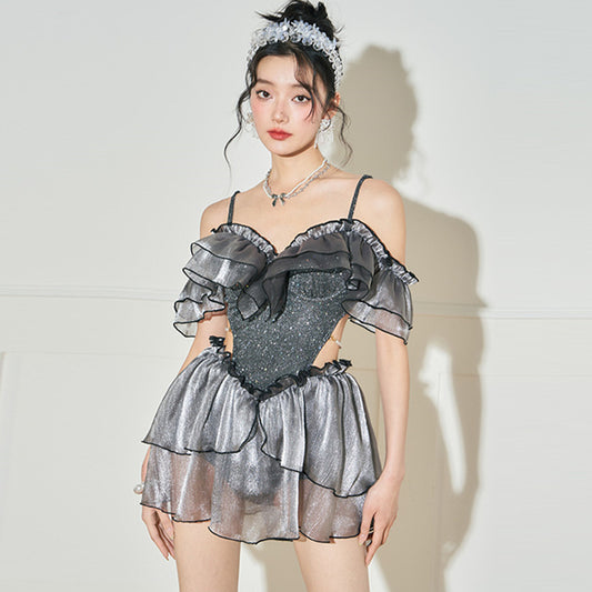 Traje de Baño Enterizo Plus Size con Volantes y Perlas