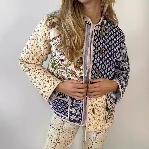 Chaqueta Acolchada Patchwork Estilo Europeo Americano con Impresión Posicionada