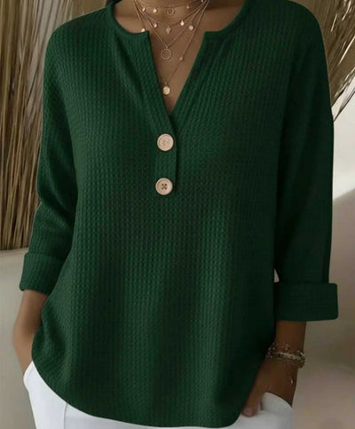 Blusa Suelta de Punto Waffle con Cuello V y Manga Larga - Image 13