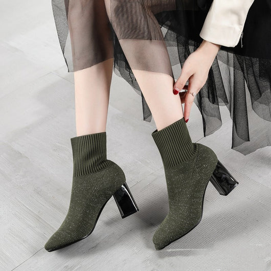 Botas Tejidas Elásticas con Tacón Grueso y Detalles Electroplateados - Image 9