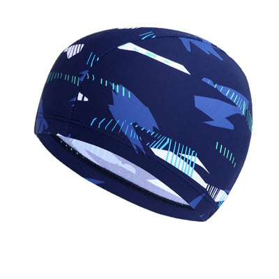 Black cloth swimming cap with a blue tribal-style graphic design on the side. - Image 12