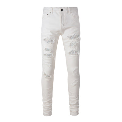 Pantalones Slim Fit Blancos con Detalles de Perforaciones para Hombre - Image 3