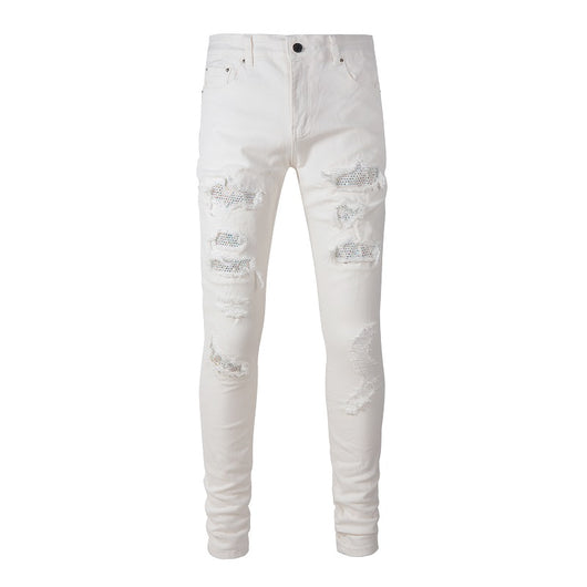 Pantalones Slim Fit Blancos con Detalles de Perforaciones para Hombre - Image 3