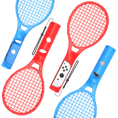 Two black tennis racket controllers for Nintendo Switch, one with a blue Joy-Con and one with a red Joy-Con, both with wrist straps. - Image 6