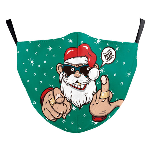 Green Christmas dustproof face mask with a festive pattern of red and gold ornaments, candy canes, gingerbread, and "Merry Christmas!" text. - Image 30