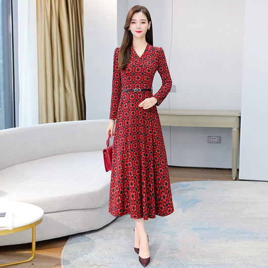 Vestido Elegante Estampado Cuello V Manga Larga Otoño Invierno - Image 5