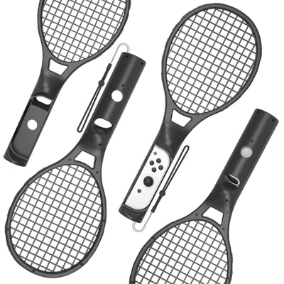 Two black tennis racket controllers for Nintendo Switch, one with a blue Joy-Con and one with a red Joy-Con, both with wrist straps. - Image 5