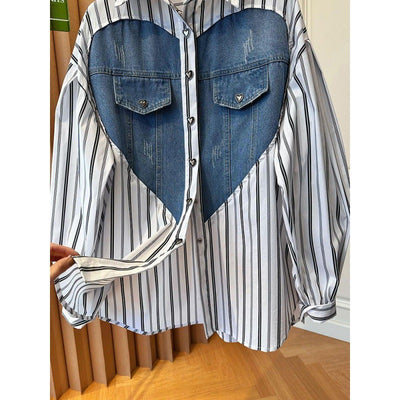 Camisa Denim Holgada con Patchwork a Rayas - Estilo Casual y Desenfadado - Image 5