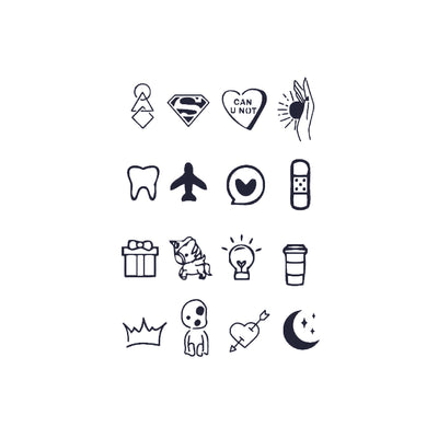 Sheet of 24 black outline doodle temporary tattoo stickers including a bow, heart, crown, sun, stars, and flowers. - Image 18