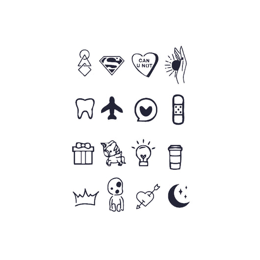 Sheet of 24 black outline doodle temporary tattoo stickers including a bow, heart, crown, sun, stars, and flowers. - Image 18