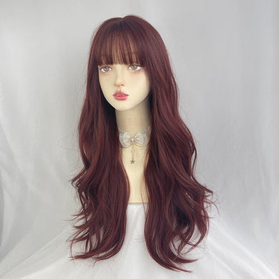 Peluca Larga Ondulada Estilo Coreano Flequillo Voluminoso Rojo Vino Cabello Rizado - Image 3
