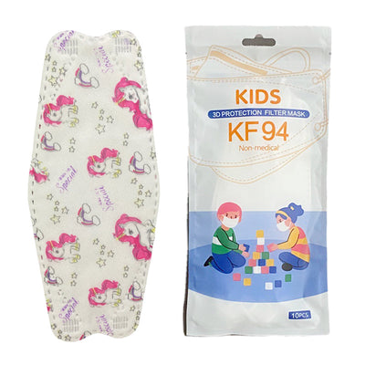Black disposable KF94 children's mask next to white packaging with cartoon kids and "10PCS" label. - Image 20