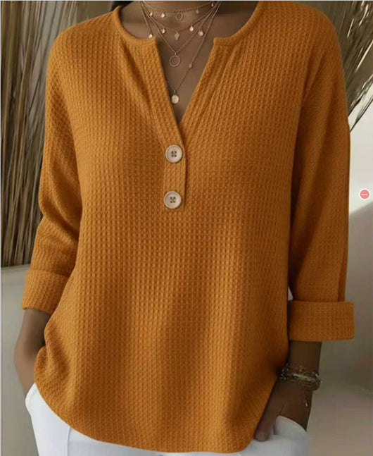 Blusa Suelta de Punto Waffle con Cuello V y Manga Larga - Image 10
