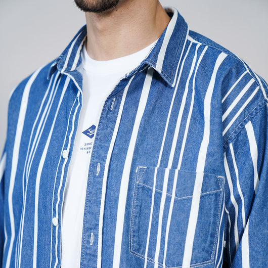 Camisa Denim Holgada a Rayas con Lavado Vintage para Hombre - Image 7