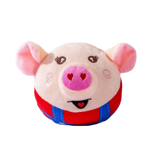 Plush piglet pet toy with a round beige head, pink ears and snout, and blue overalls. Features embroidered eyes and a smiling mouth. - Image 8