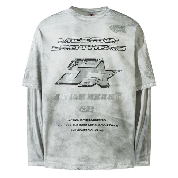 Camiseta Manga Larga Tie-Dye con Letras Distressed y Efecto Dos Piezas