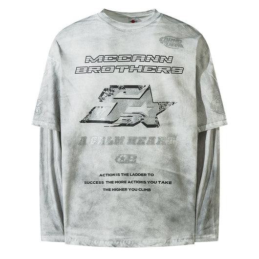Camiseta Manga Larga Tie-Dye con Letras Distressed y Efecto Dos Piezas