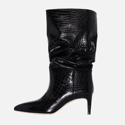Botas Stiletto Punta Fina Efecto Serpiente Plisadas Púrpura y Plata - Image 6