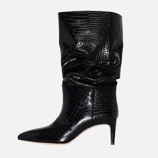 Botas Stiletto Punta Fina Efecto Serpiente Plisadas Púrpura y Plata - Image 6