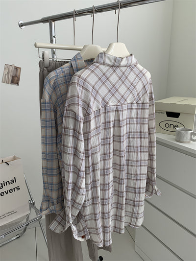 Camisa Cuadriculada de Algodón Retro Lavado Artístico para Mujer - Image 22