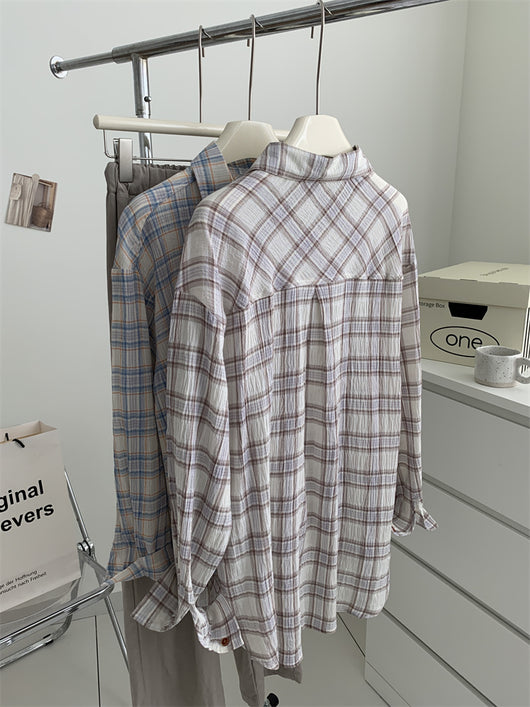 Camisa Cuadriculada de Algodón Retro Lavado Artístico para Mujer - Image 22