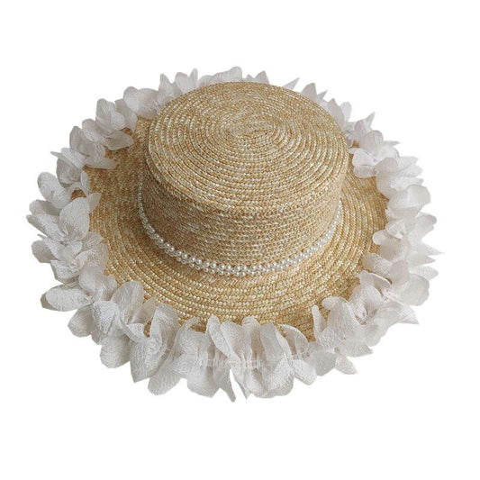 Sombrero de Paja Plano con Encaje de Perlas para Mujer - Image 2