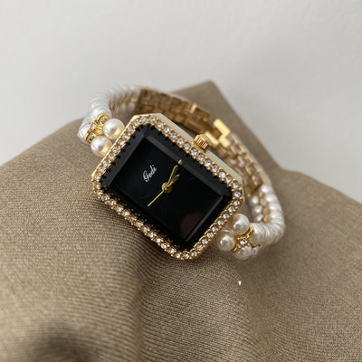 Reloj de Pulsera Cuarzo Perla Negra Cuadrado con Diamantes Plata - Image 5