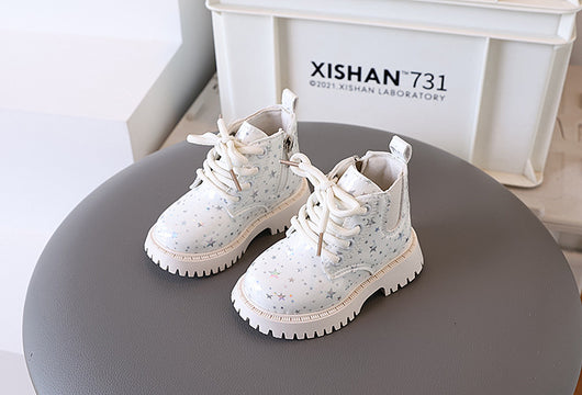 White toddler girls' boots with a holographic star pattern, lace-up front, and side zipper closure. - Image 10