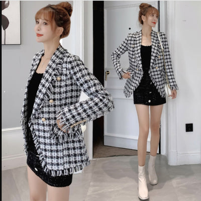 Blazer de Cuadros de Lana Abrochado Doble para Mujer - Largo Medio - Image 9