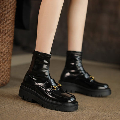 Botas Cortas de Cuero Genuino con Plataforma y Tacón Bajo - Estilo Casual Mujer