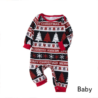 Family of four wearing matching Christmas pajamas with 'MERRY Christmas' text, leopard print, and plaid trees. - Image 11