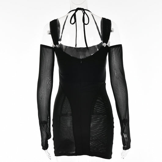 Vestido Ajustado Backless con Malla Transparente y Falda Cadera - Image 16