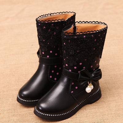 Pink girls' boots with lace trim, polka dots, side zippers, and decorative bows with pearl charms. - Image 13