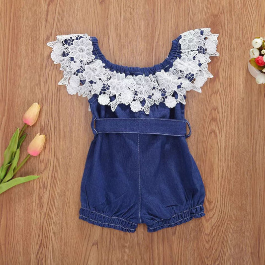 Enterizo Infantil Hombros Descubiertos con Volantes en Denim Azul - Image 2