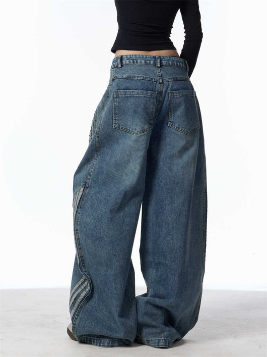 Pantalones Jeans Anchos Efecto Vintage con Costuras a Rayas para Mujer - Image 6