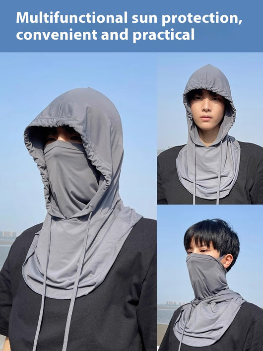 Light gray ice silk sun mask with full face coverage and an attached hood, featuring drawstrings for adjustment. - Image 8