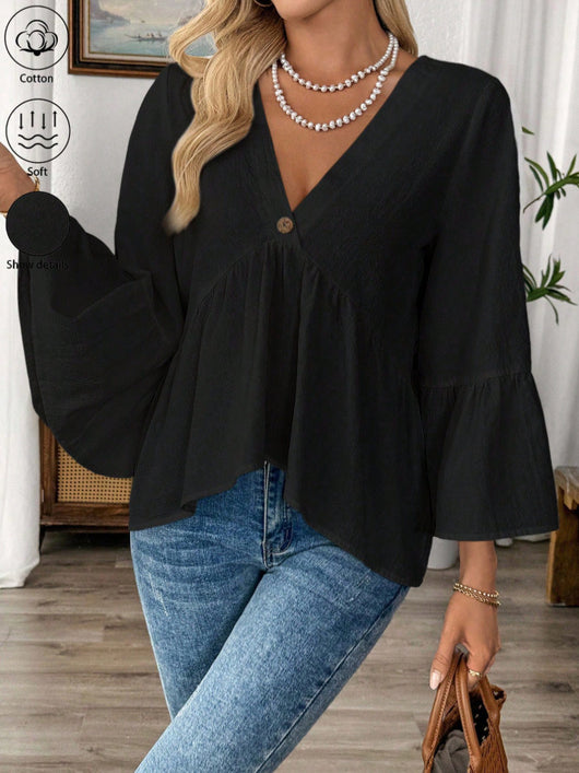 Blusa Cuello V con Mangas Volantes en Colores Sólidos - Image 18