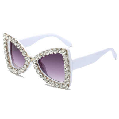 Pink butterfly frame sunglasses with purple gradient lenses and sparkling purple rhinestone embellishments. - Image 7