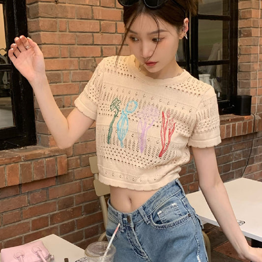 Blusa Corta de Punto Manga Corta para Mujer