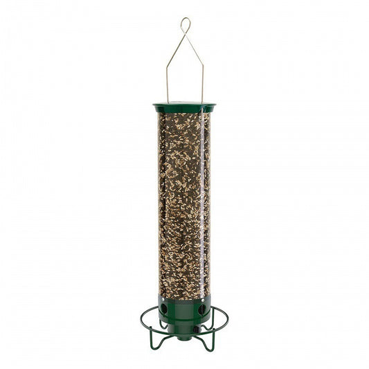 Green and clear tube hanging bird feeder with a metal wire hanger, designed for attracting hummingbirds. - Image 2