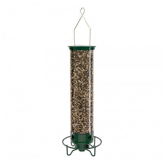 Green and clear tube hanging bird feeder with a metal wire hanger, designed for attracting hummingbirds. - Image 2