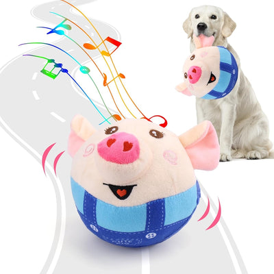 Plush piglet pet toy with a round beige head, pink ears and snout, and blue overalls. Features embroidered eyes and a smiling mouth. - Image 12