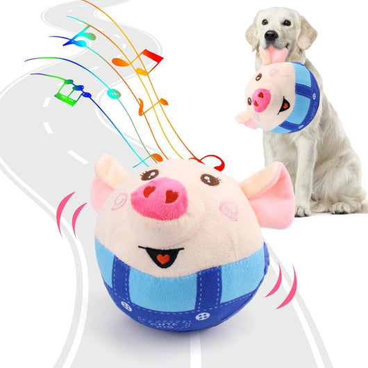 Plush piglet pet toy with a round beige head, pink ears and snout, and blue overalls. Features embroidered eyes and a smiling mouth. - Image 12