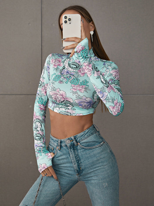 Top Cuello Alto Ajustado Estampado Corto para Mujer - Image 5