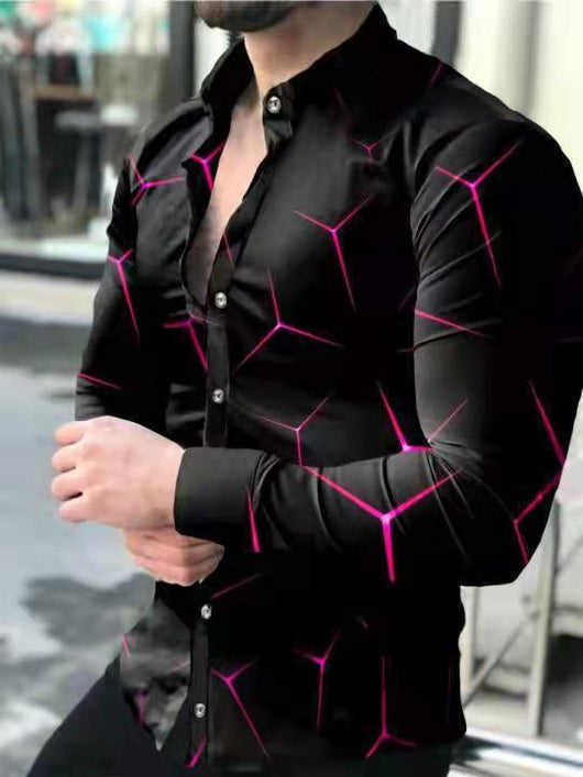 Camisa Manga Larga Estampado 3D Diseño Irregular Ajuste Slim Hombre Moda Urbana - Image 14