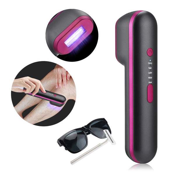 Black and pink IPL laser hair removal device kit with power adapter, safety glasses, razor, and manual.