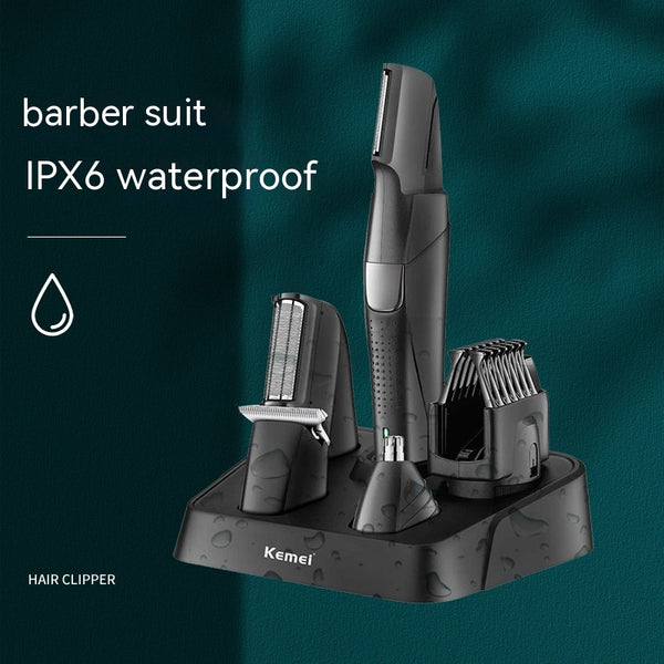 Black Kemei electric hair clipper grooming kit with multiple attachments and charging stand on a white background.