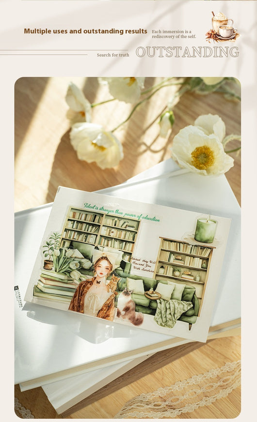 Set of 20 PET stickers featuring watercolor illustrations of cozy reading nooks, bookshelves, books, and related items. - Image 20